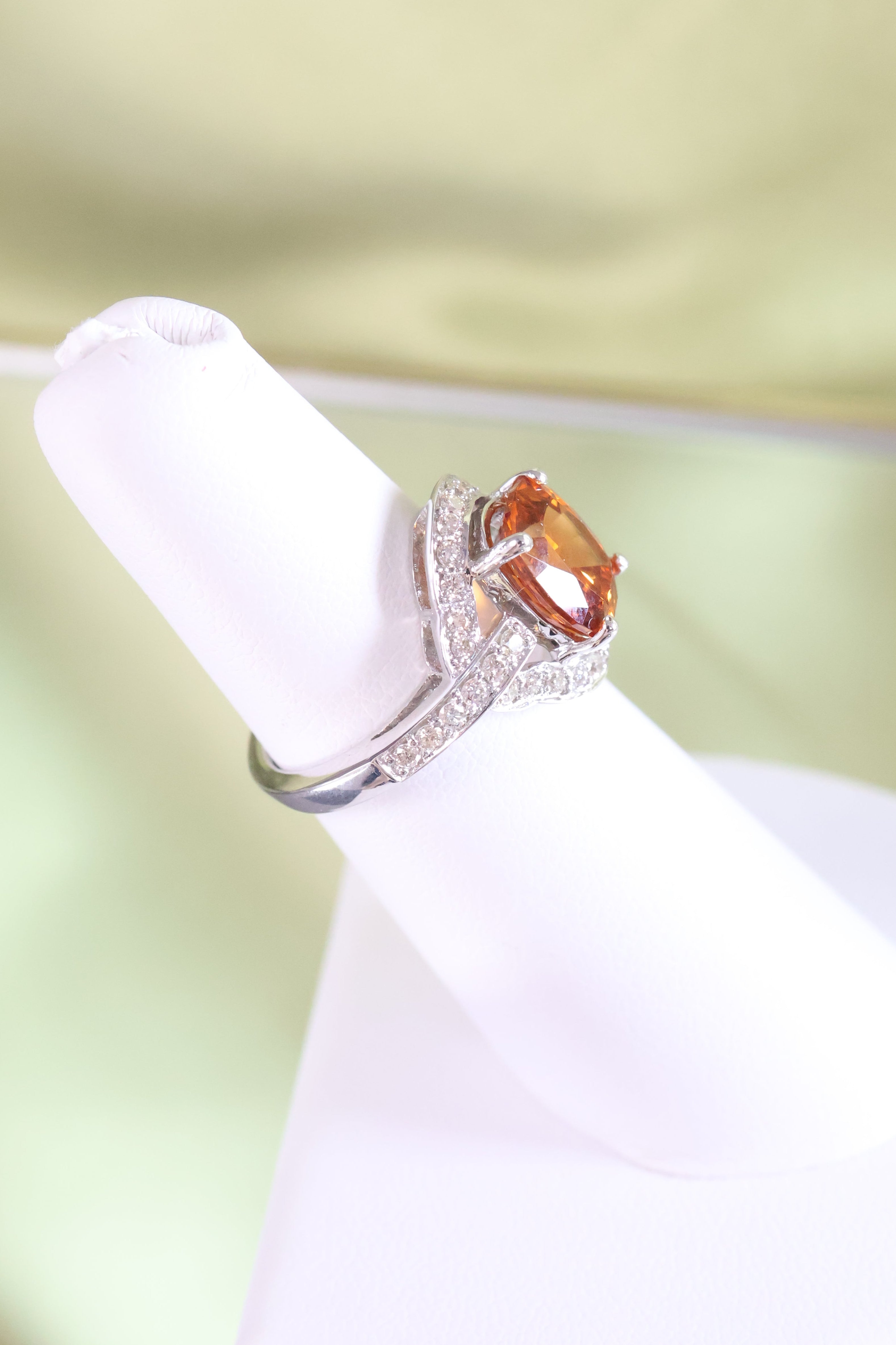 18K White Solid Gold Citrine & Diamond Ring