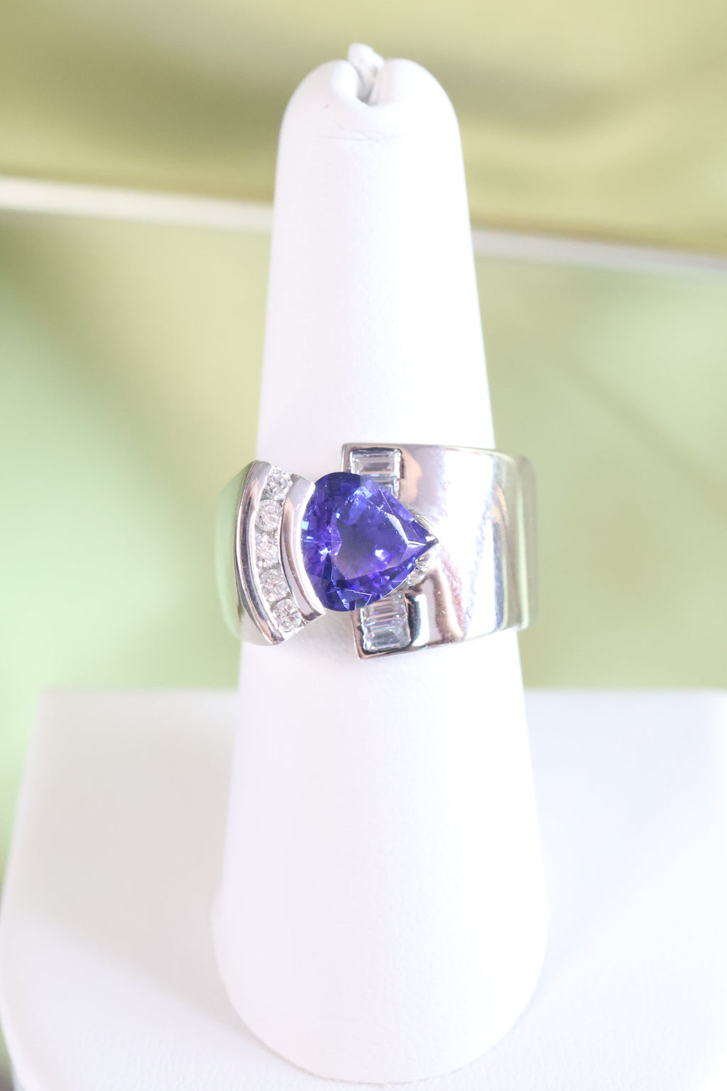 14K White Solid Gold Trillion Tanzanite w/ .40ct Diamond Ring