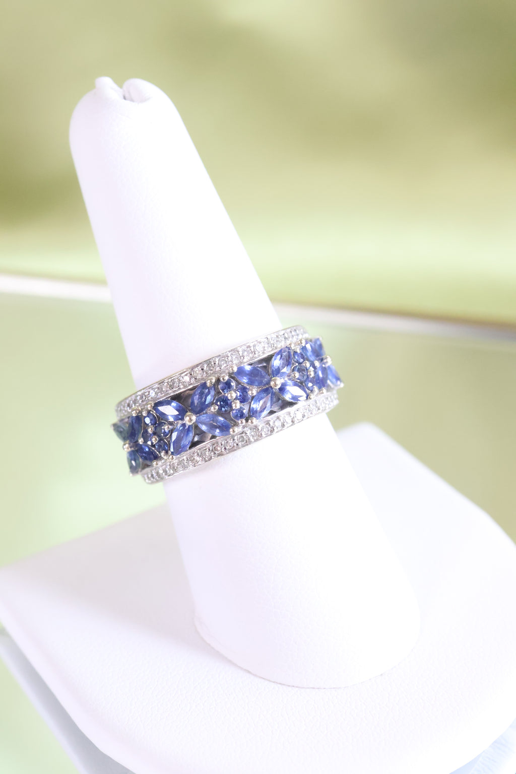 14K White Gold Sapphire 3T Carats Diamonds Band Ring
