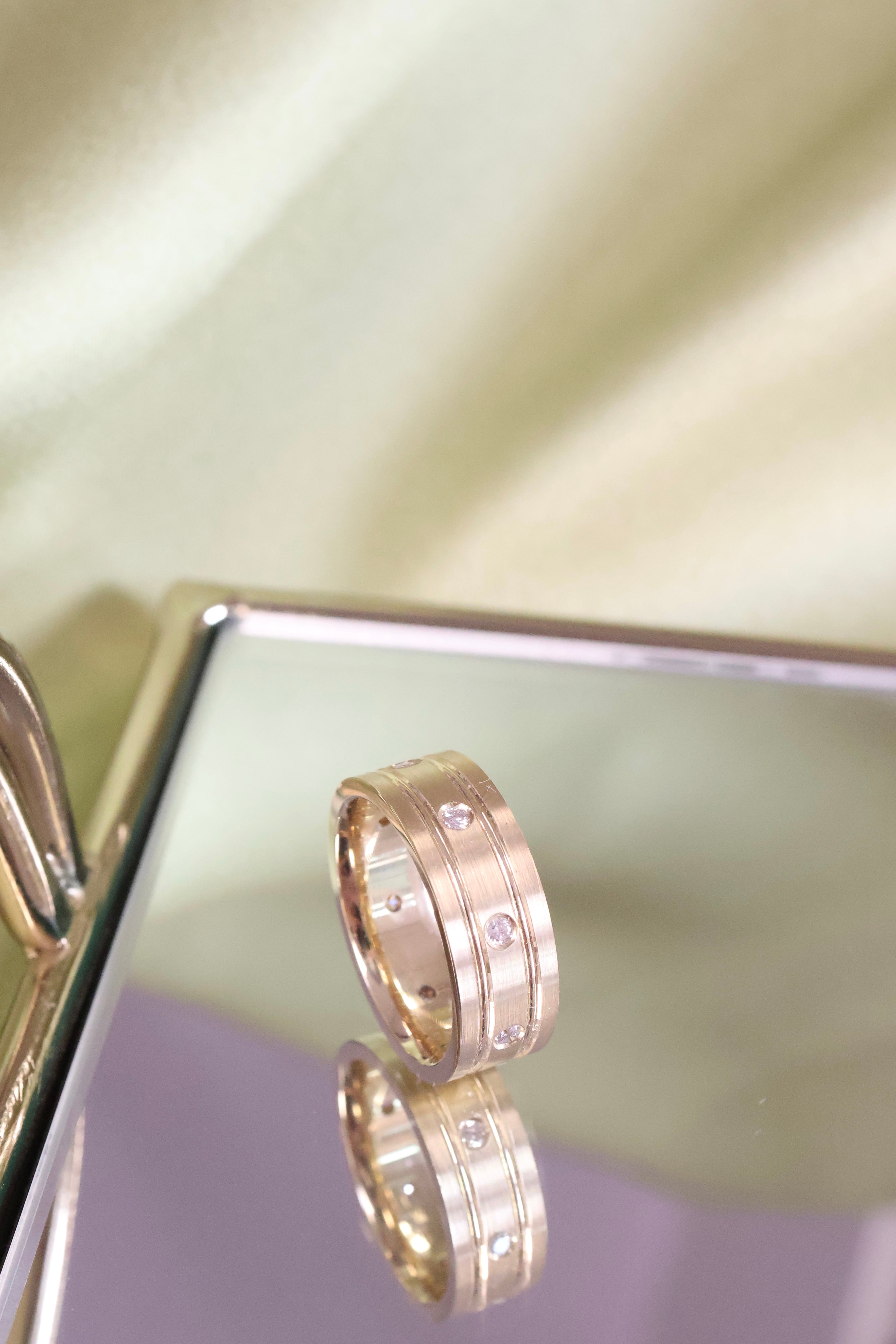 14K Yellow Solid Gold Diamond 8mm Width Band Ring