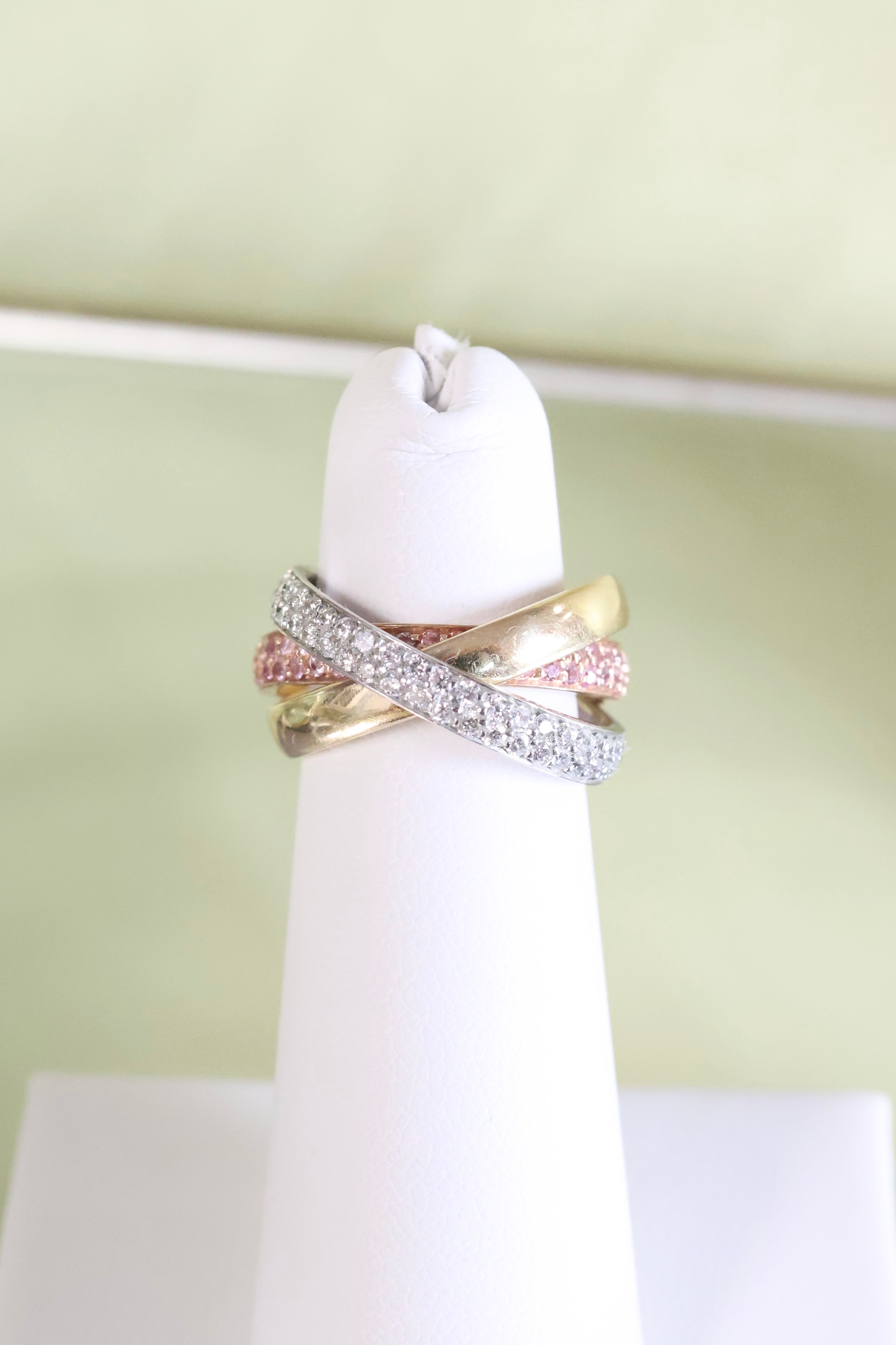 14K Tri-Color Gold Diamonds & Pink Tourmaline Roller Ring