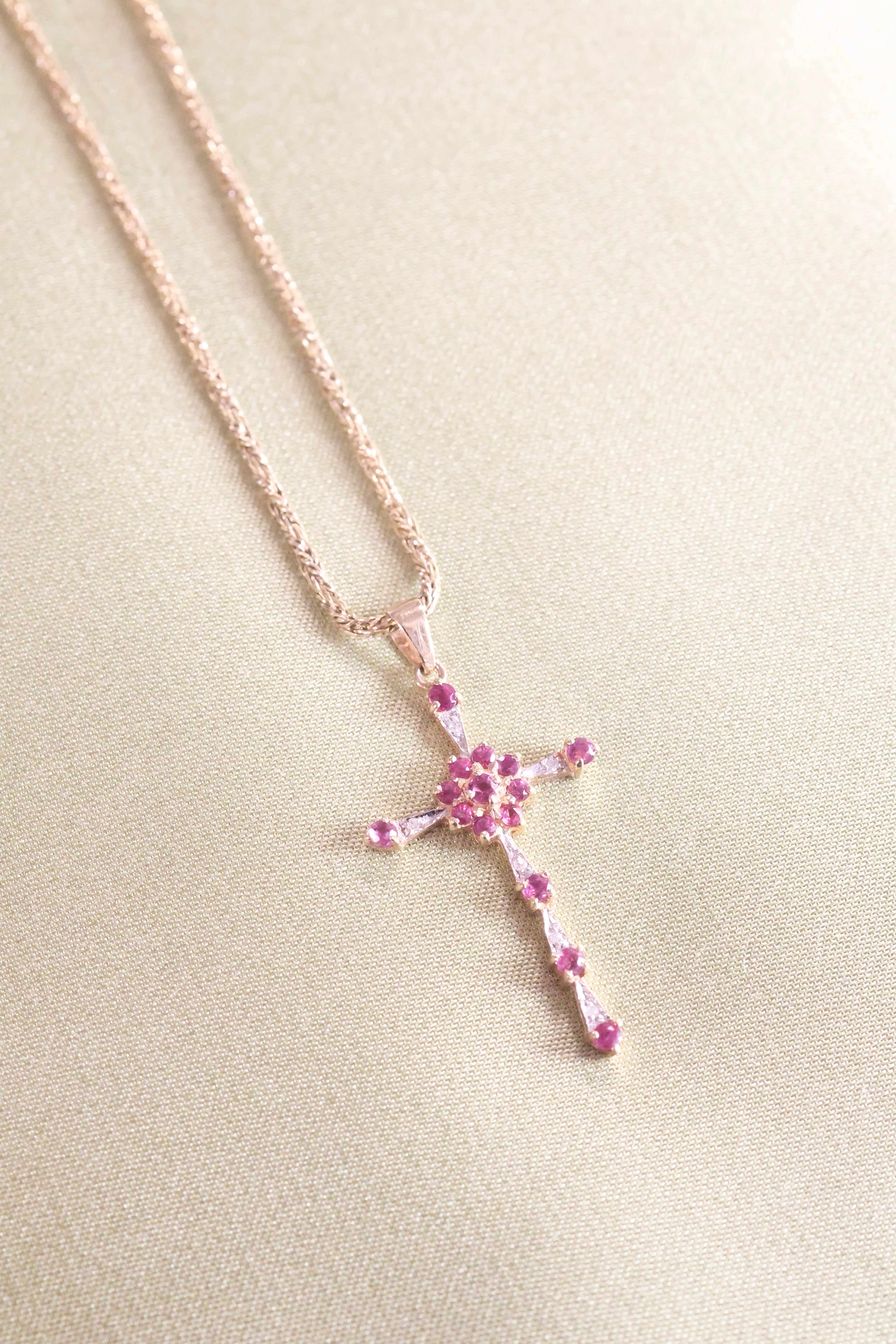 Yellow Gold Ruby & Diamond Cross Necklace Pendant