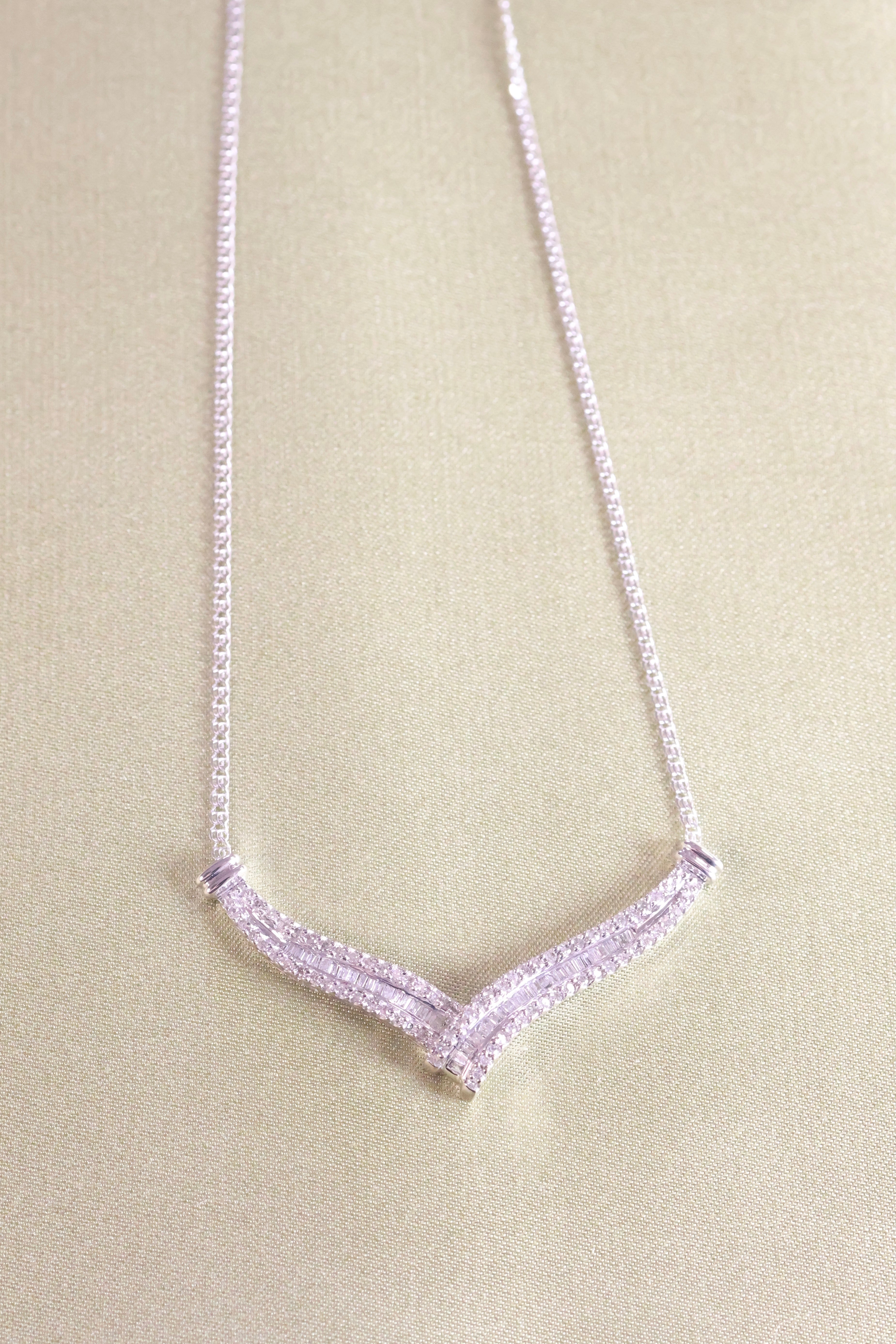 14K White Solid Gold Fancy Baguette Necklace Pendant 3/4ct. t.w. Round Diamonds