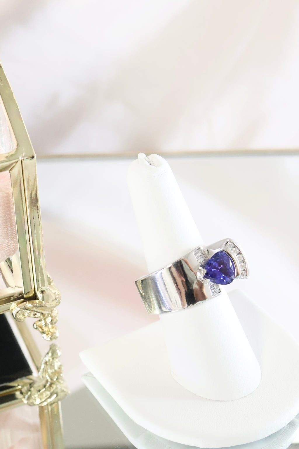 14K White Solid Gold Trillion Tanzanite w/ .40ct Diamond Ring