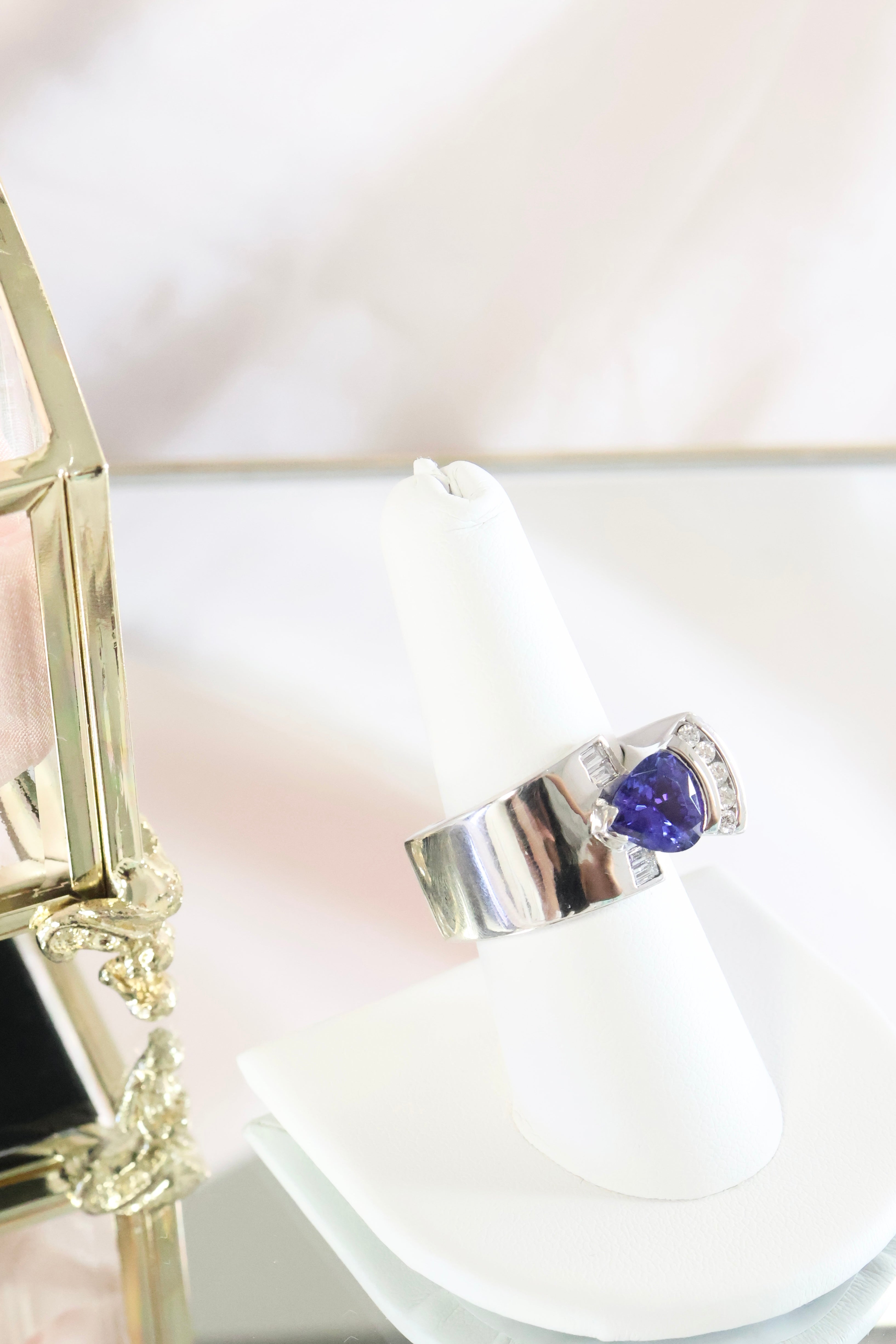 14K White Solid Gold Trillion Tanzanite w/ .40ct Diamond Ring