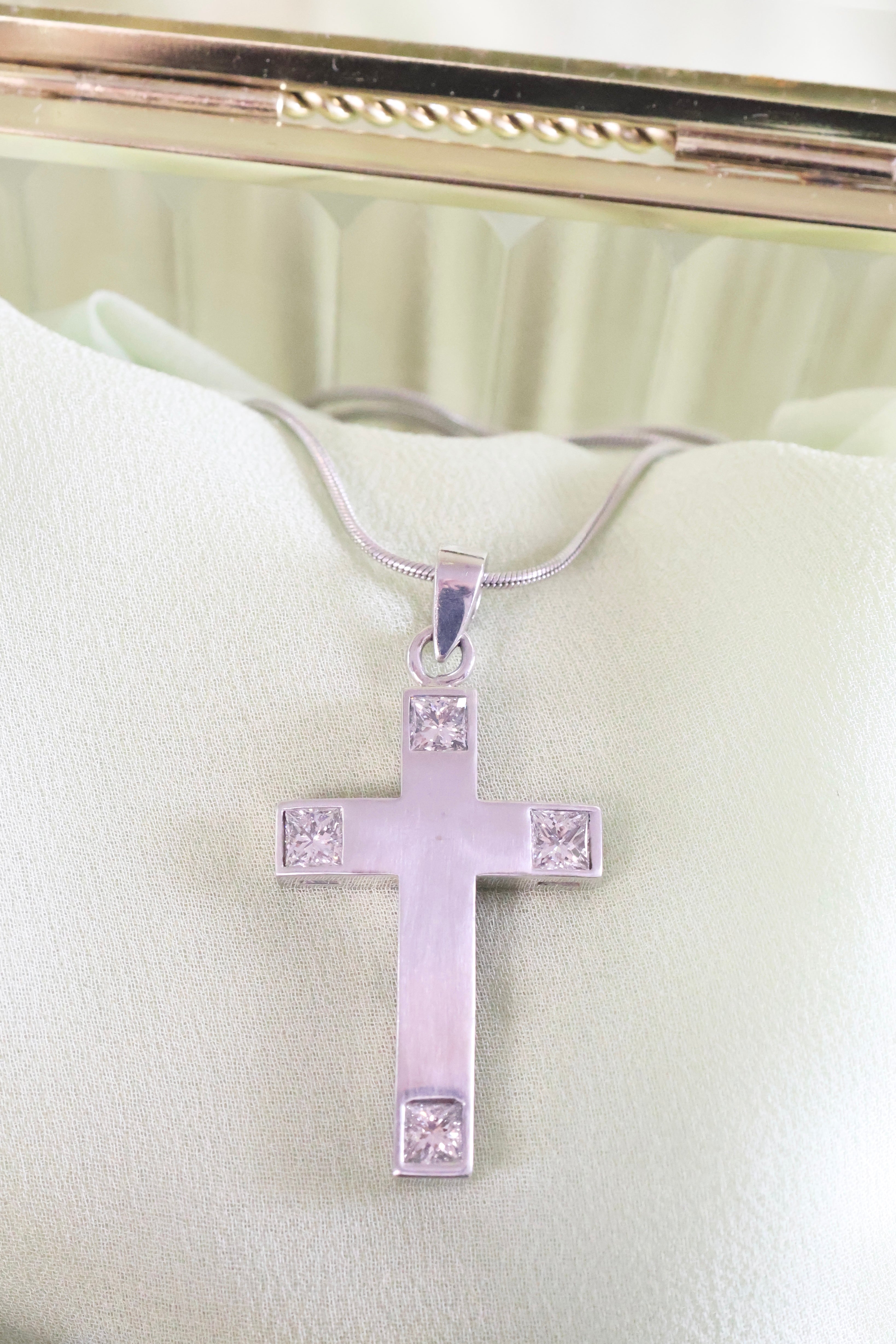 14K White Gold Necklace Pendant Cross with 4 Princess Cut 1ct. t.w. Diamonds