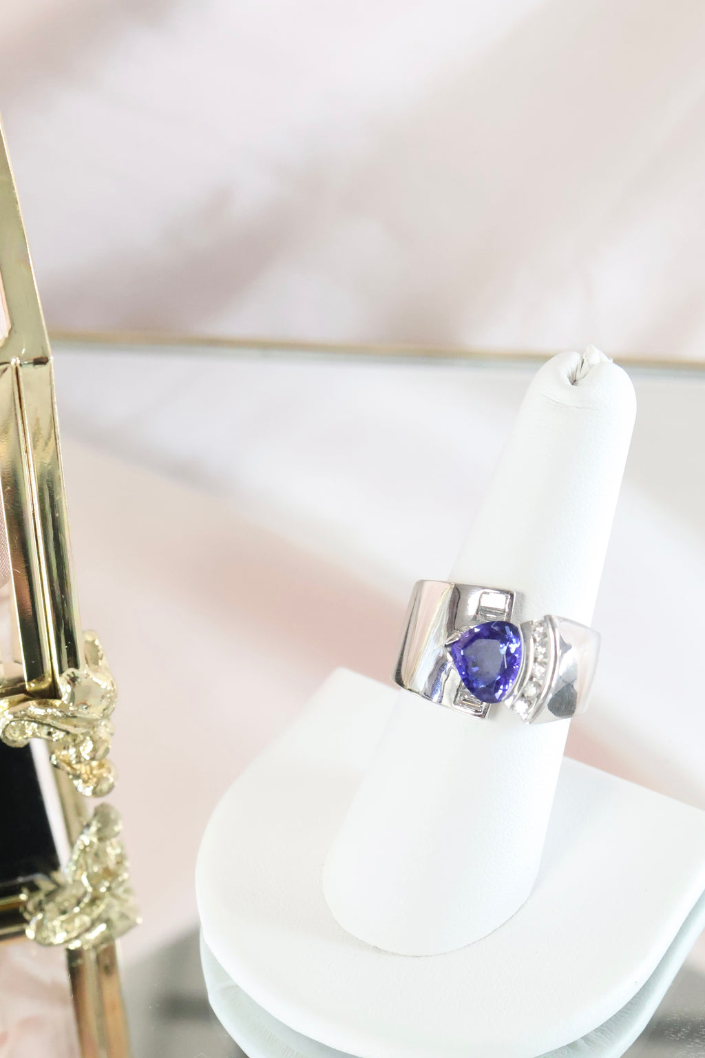 14K White Solid Gold Trillion Tanzanite w/ .40ct Diamond Ring