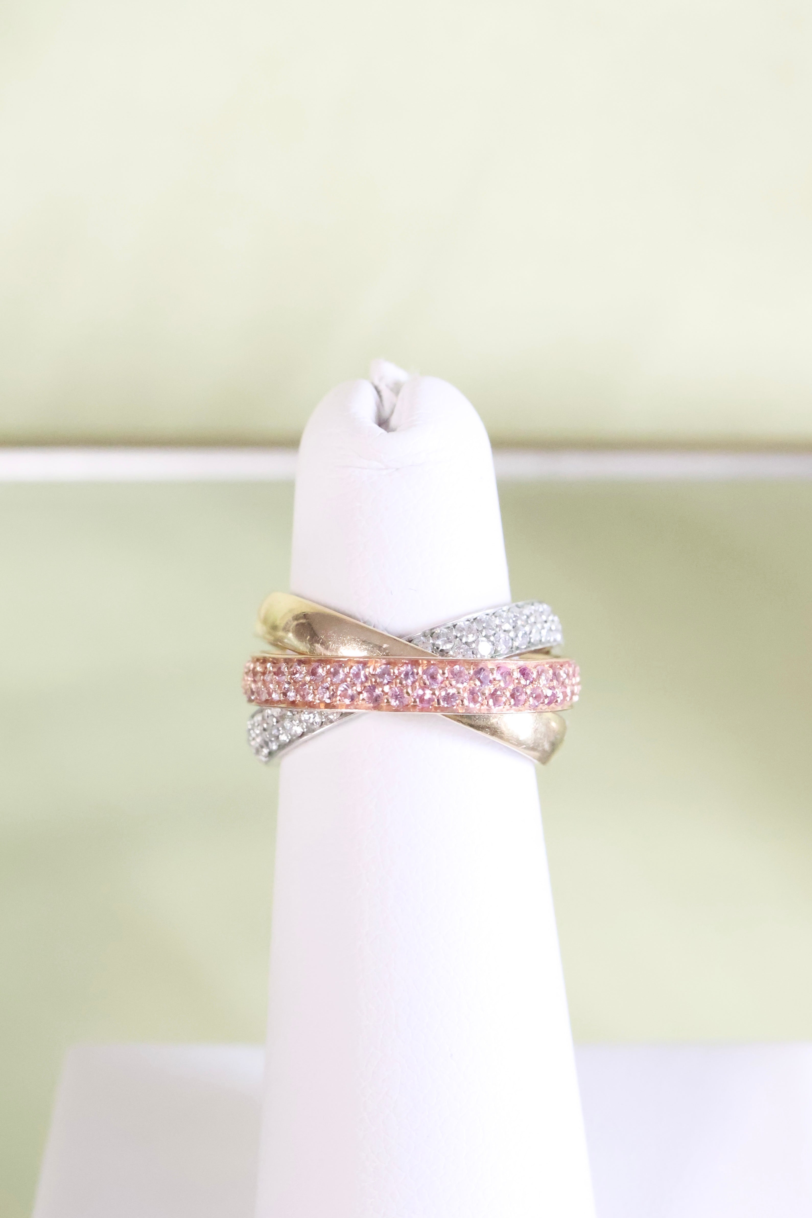 14K Tri-Color Gold Diamonds & Pink Tourmaline Roller Ring
