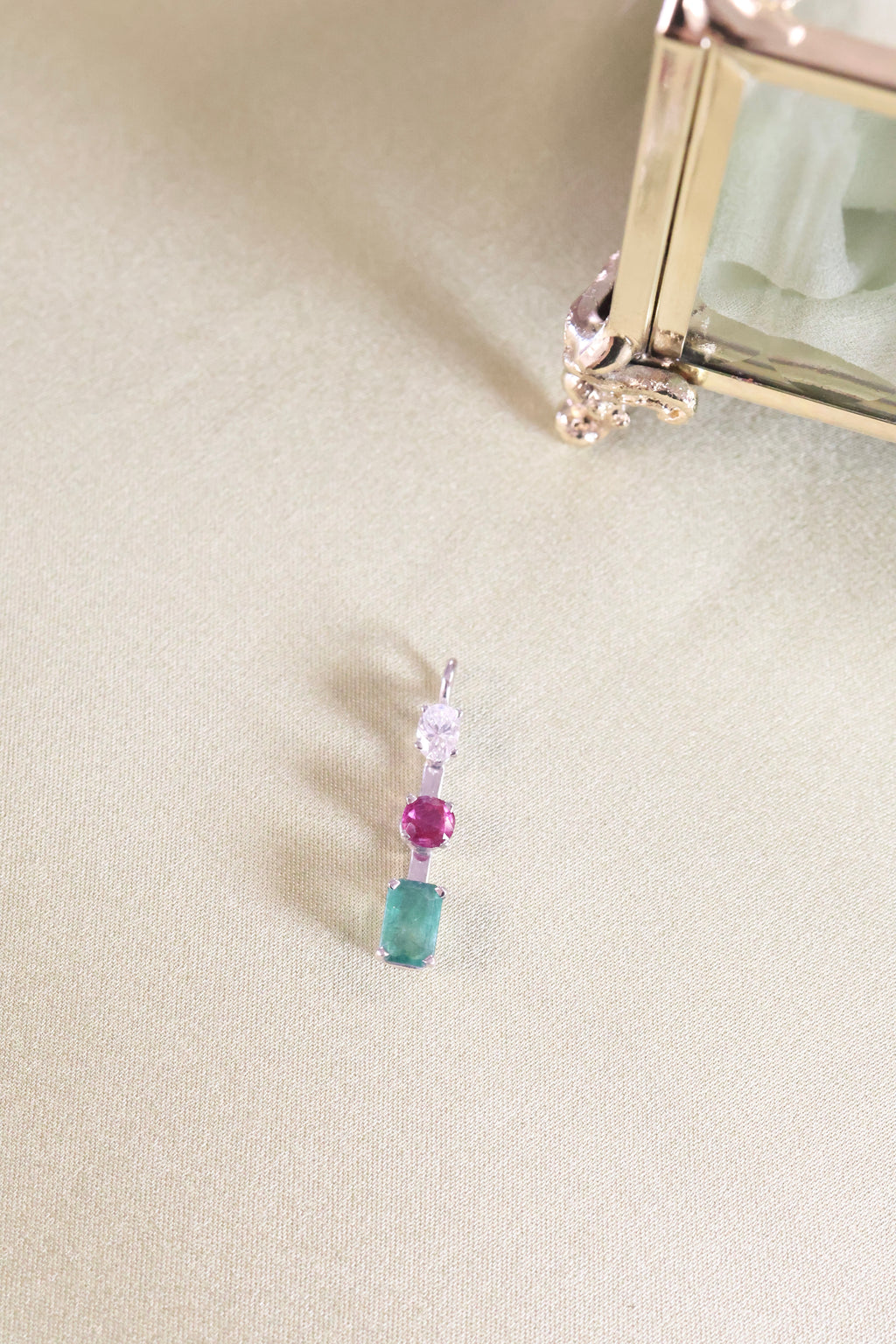 14K White Solid Gold Emerald Ruby & Diamond Pendant
