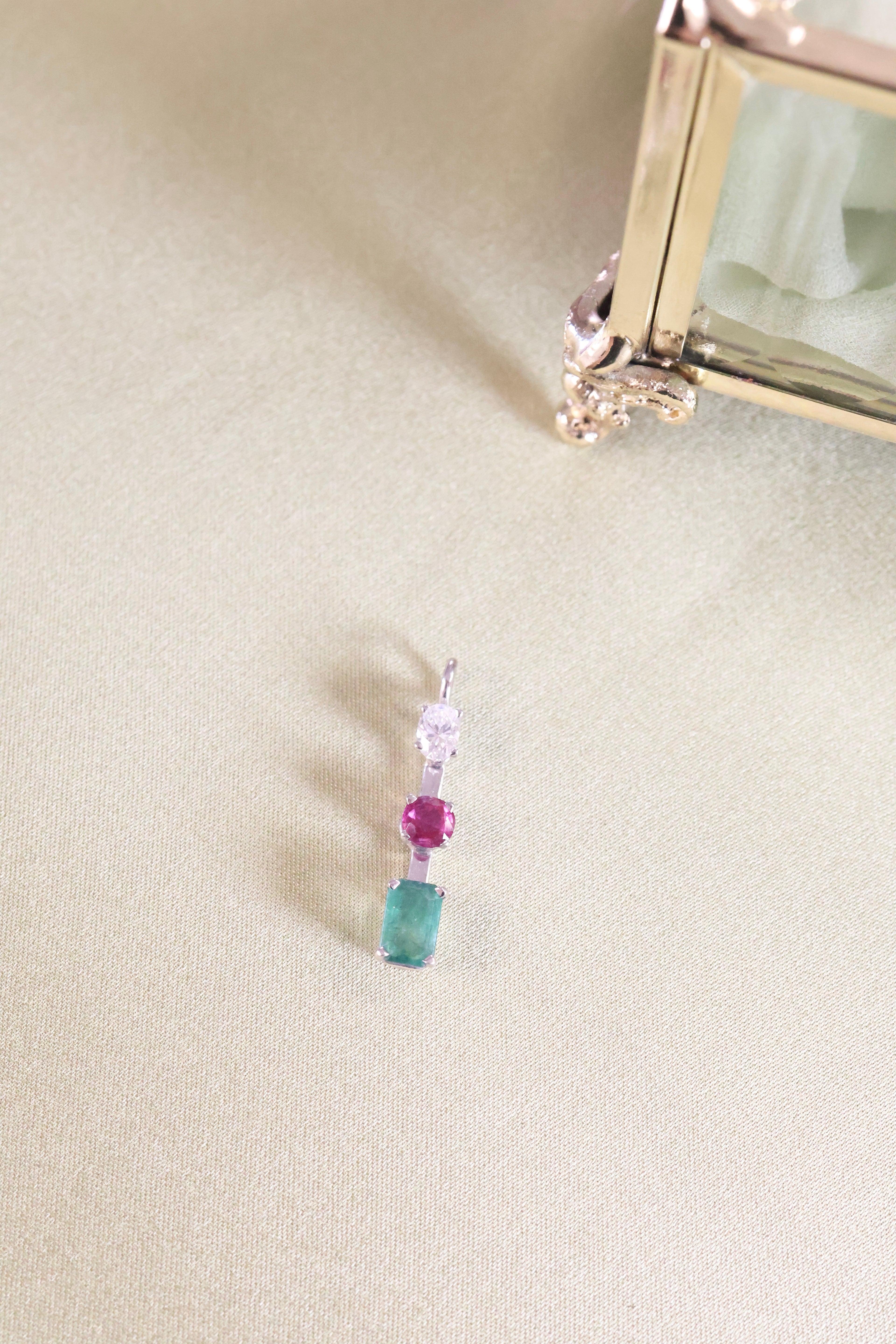 14K White Solid Gold Emerald Ruby & Diamond Pendant