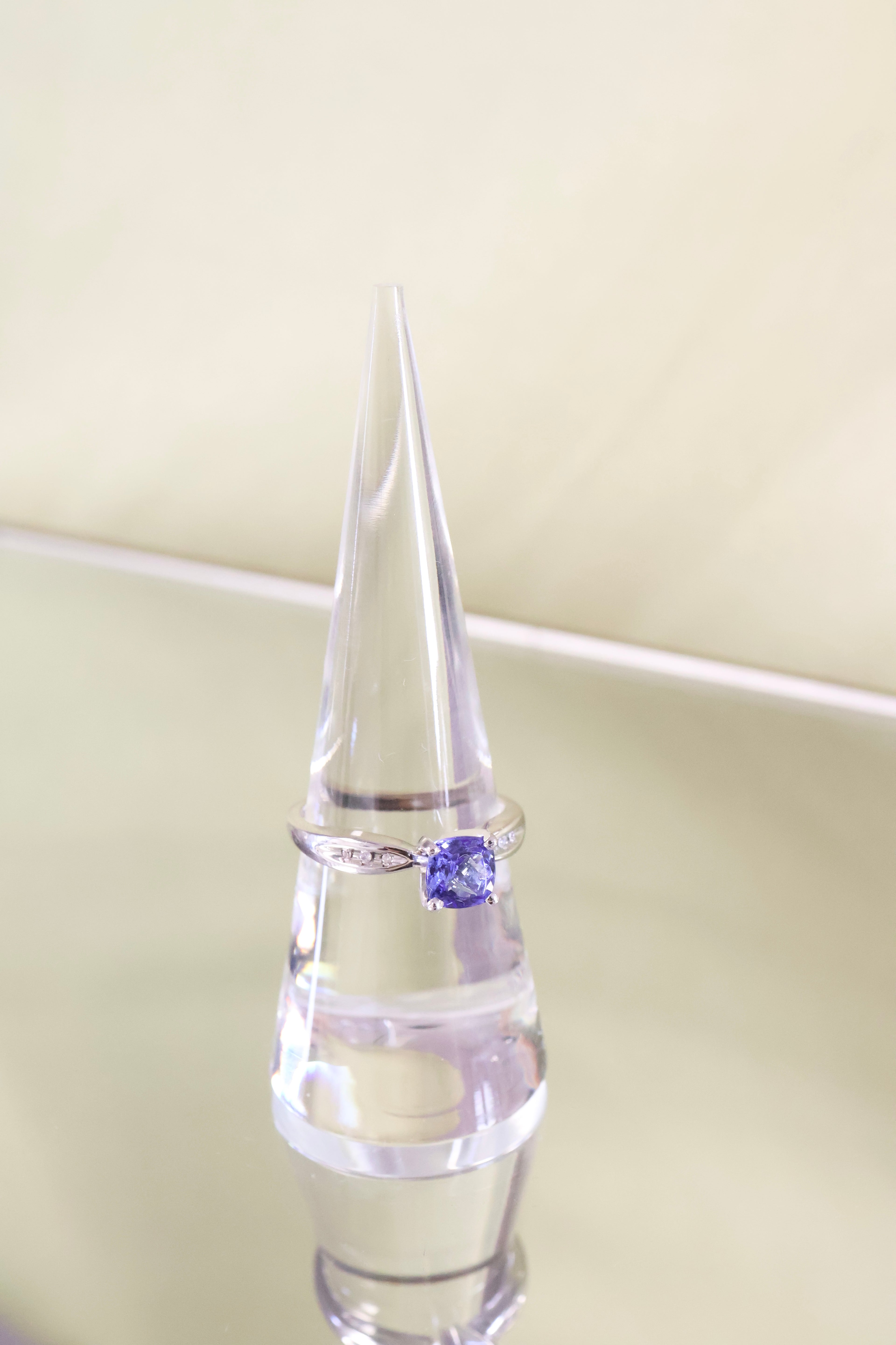 14K White Gold 3/4ct Cushion Cut Sapphire w/ .12ct Diamond Ring