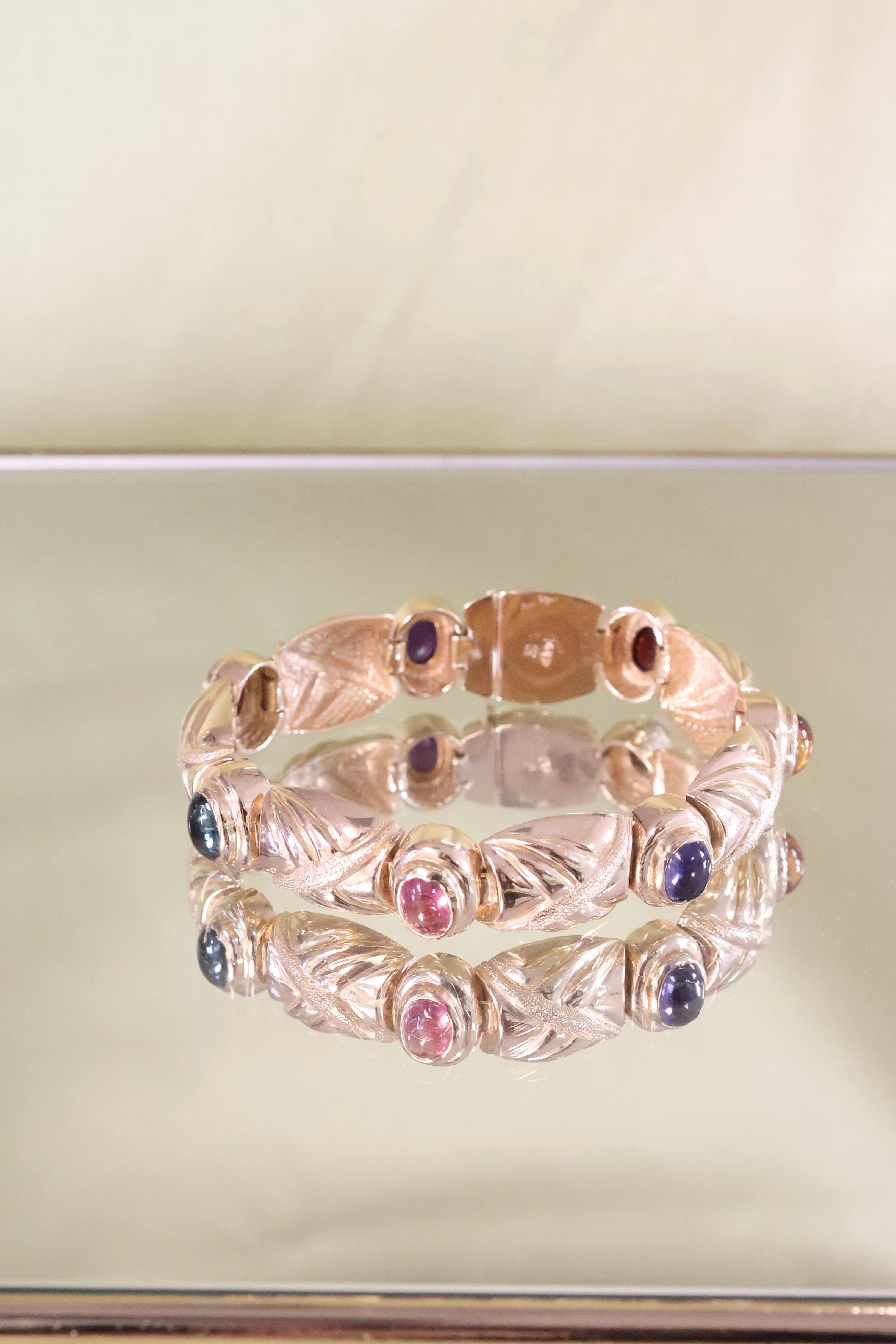 14K Yellow Gold Multi-Color Cabochon Gemstone Bracelet 45.5g