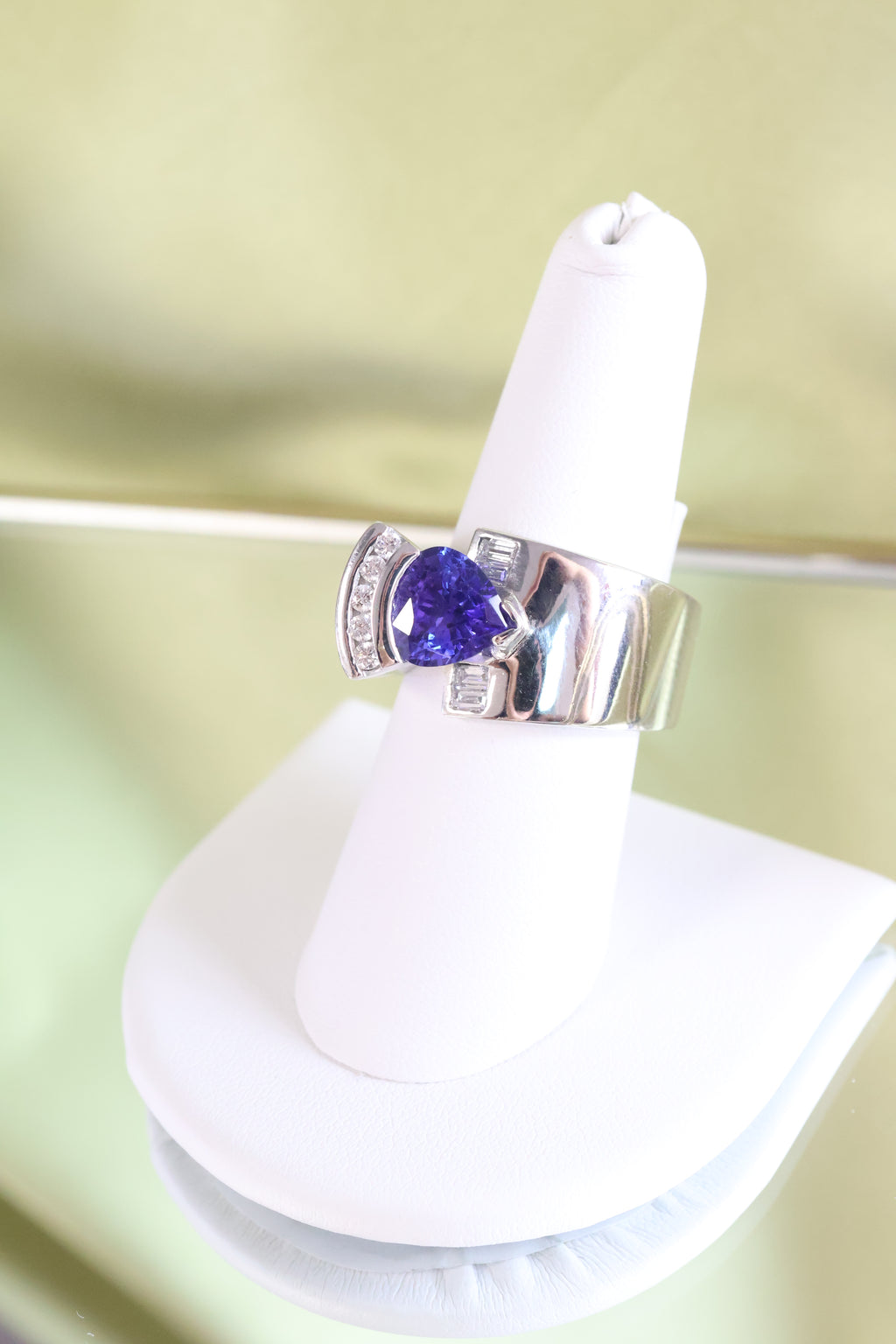14K White Solid Gold Trillion Tanzanite w/ .40ct Diamond Ring