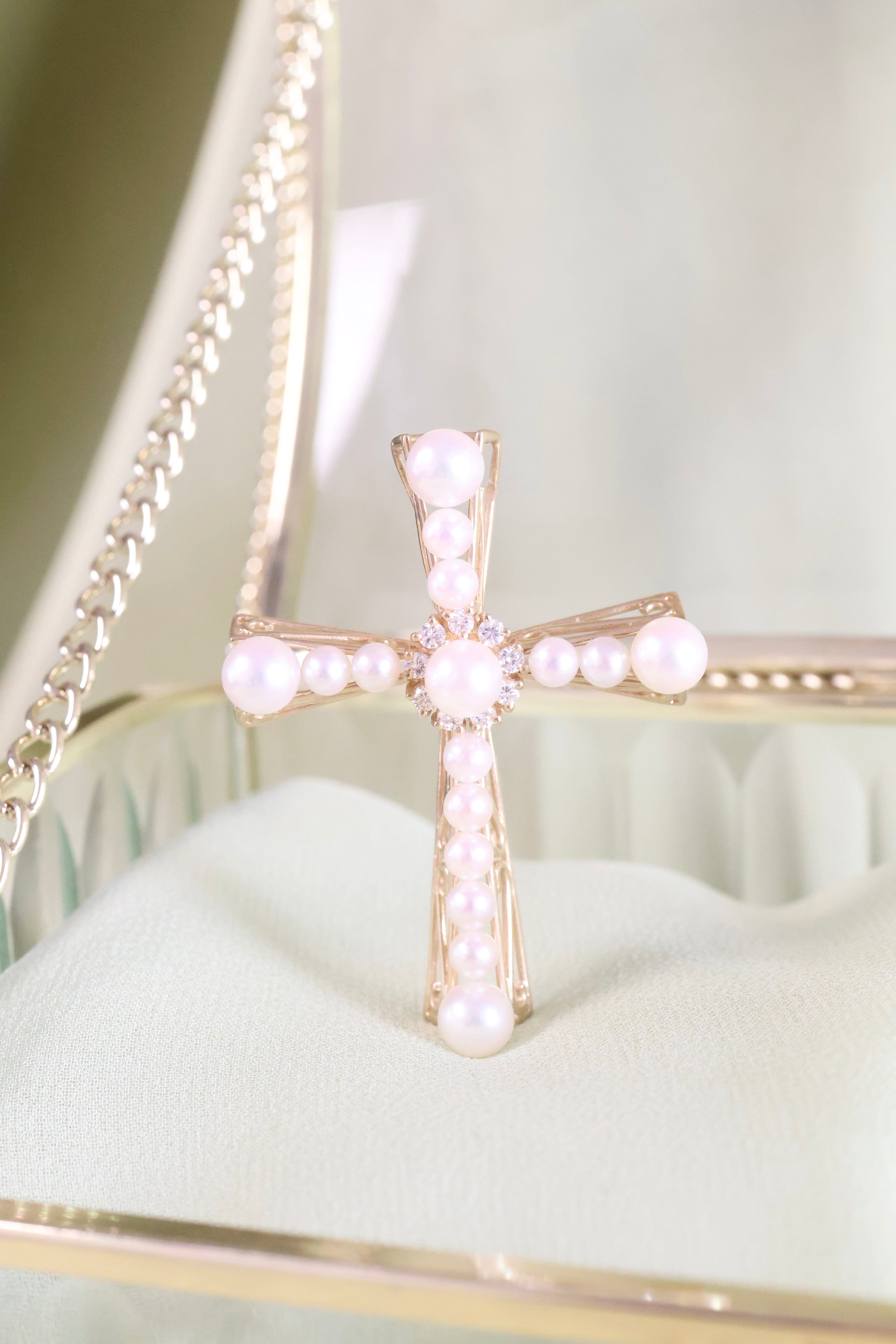 Yellow Gold Pearl Cross Necklace Pendant with Halo .20ct. t.w. Diamonds