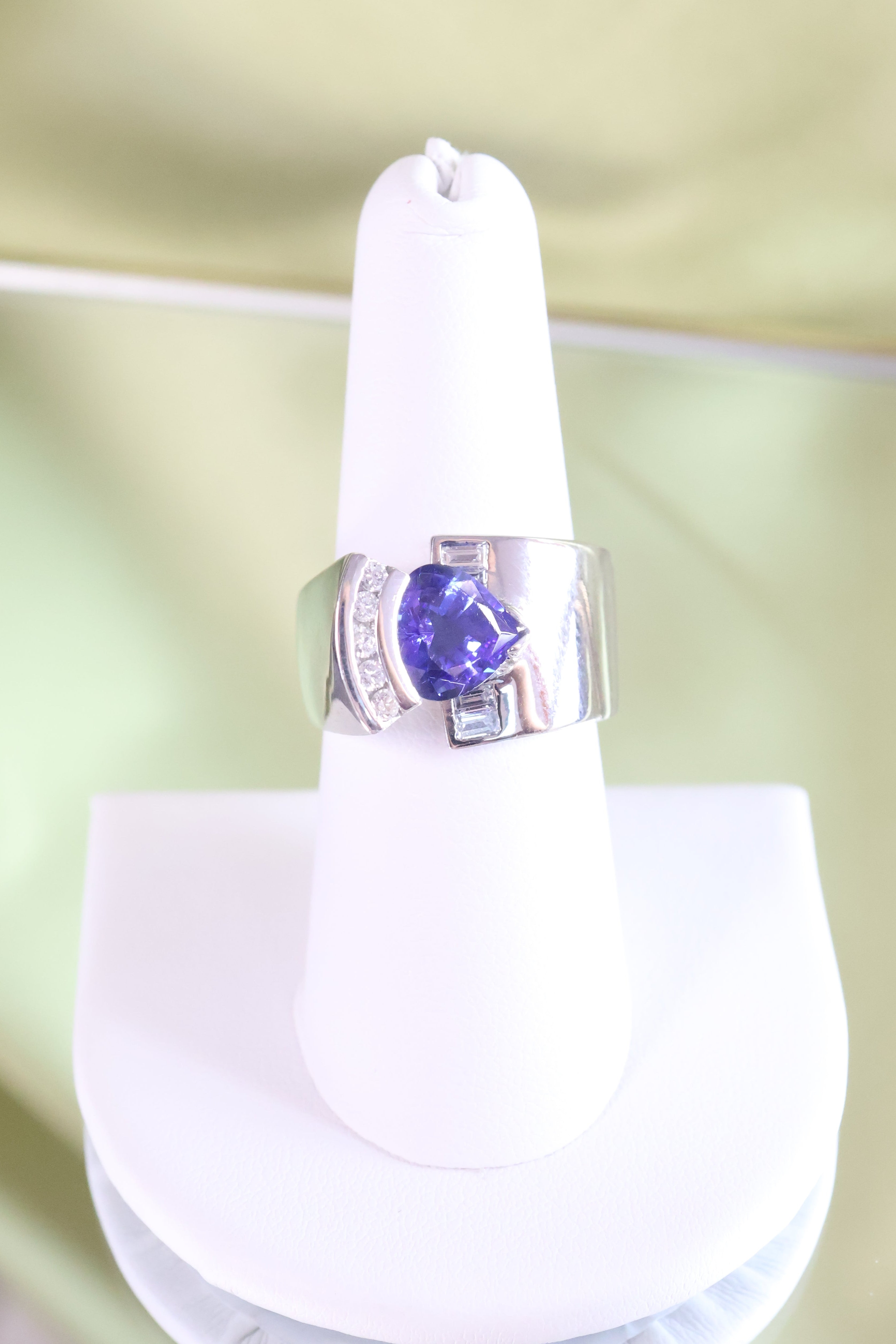 14K White Solid Gold Trillion Tanzanite w/ .40ct Diamond Ring