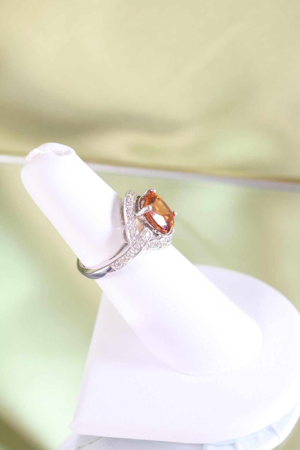 18K White Solid Gold Citrine & Diamond Ring