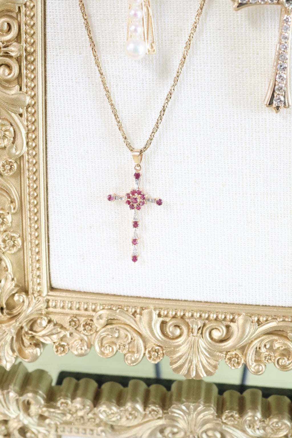 Yellow Gold Ruby & Diamond Cross Necklace Pendant