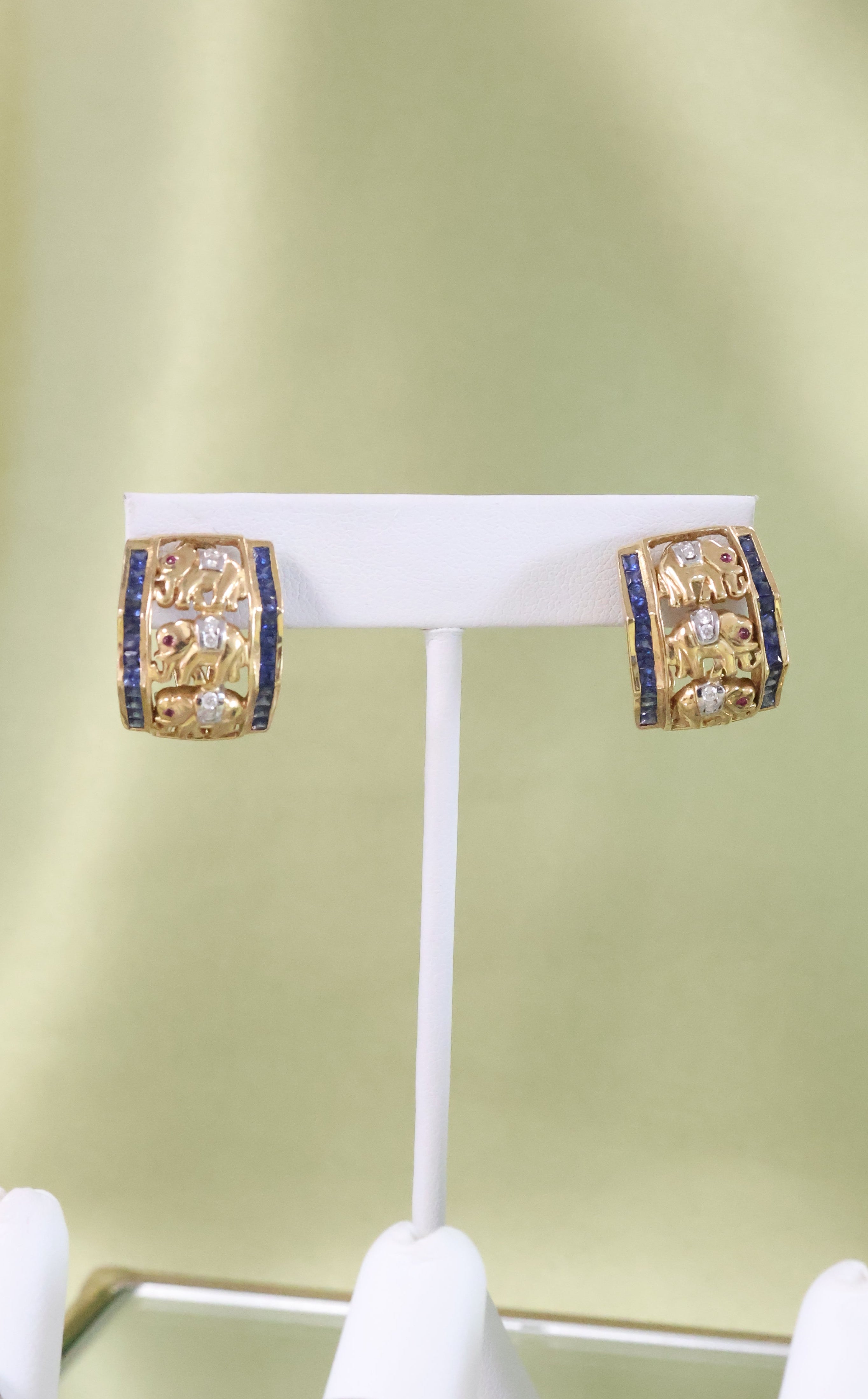 18K Yellow Gold Sapphire Diamond & Ruby Elephant Earrings