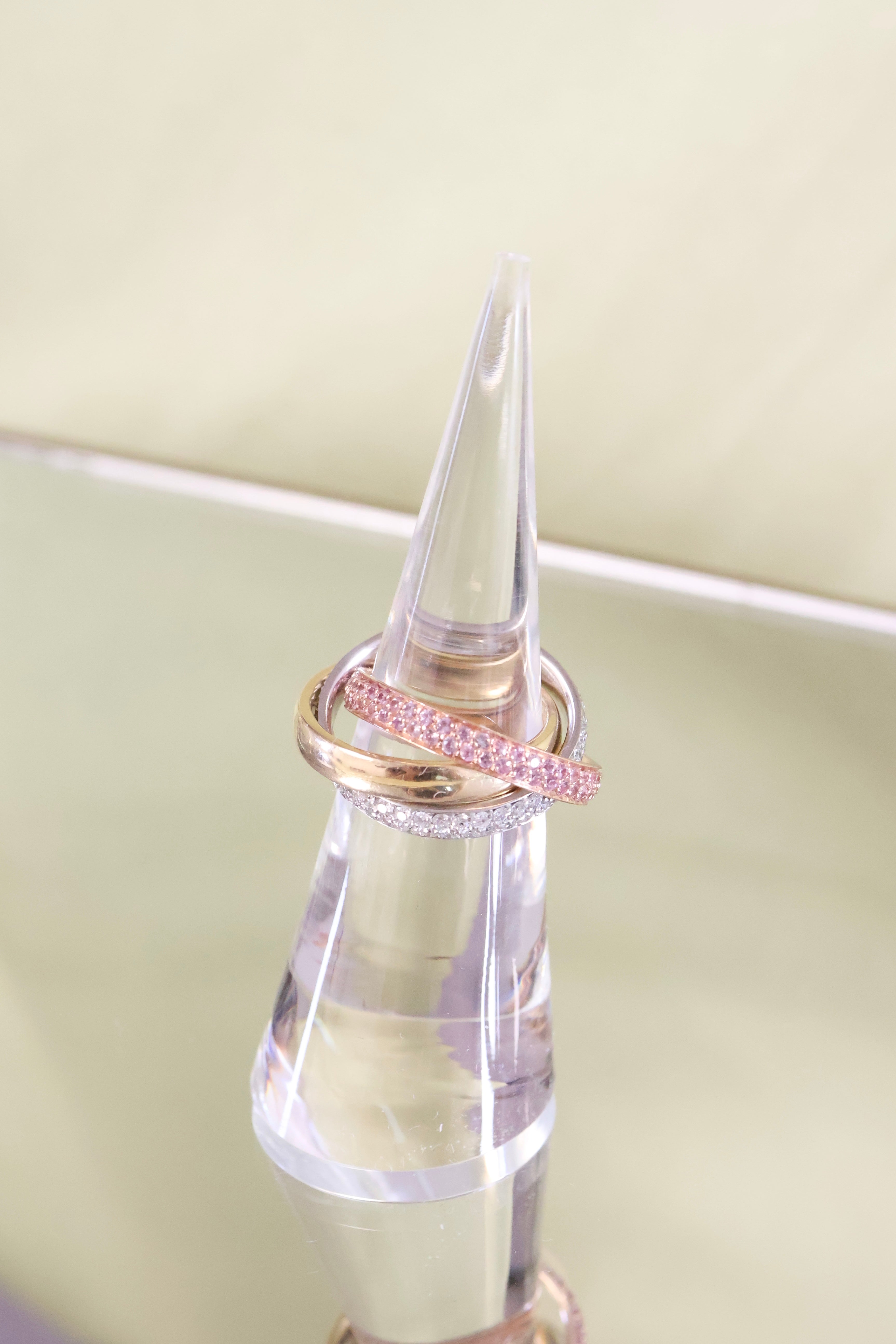 14K Tri-Color Gold Diamonds & Pink Tourmaline Roller Ring