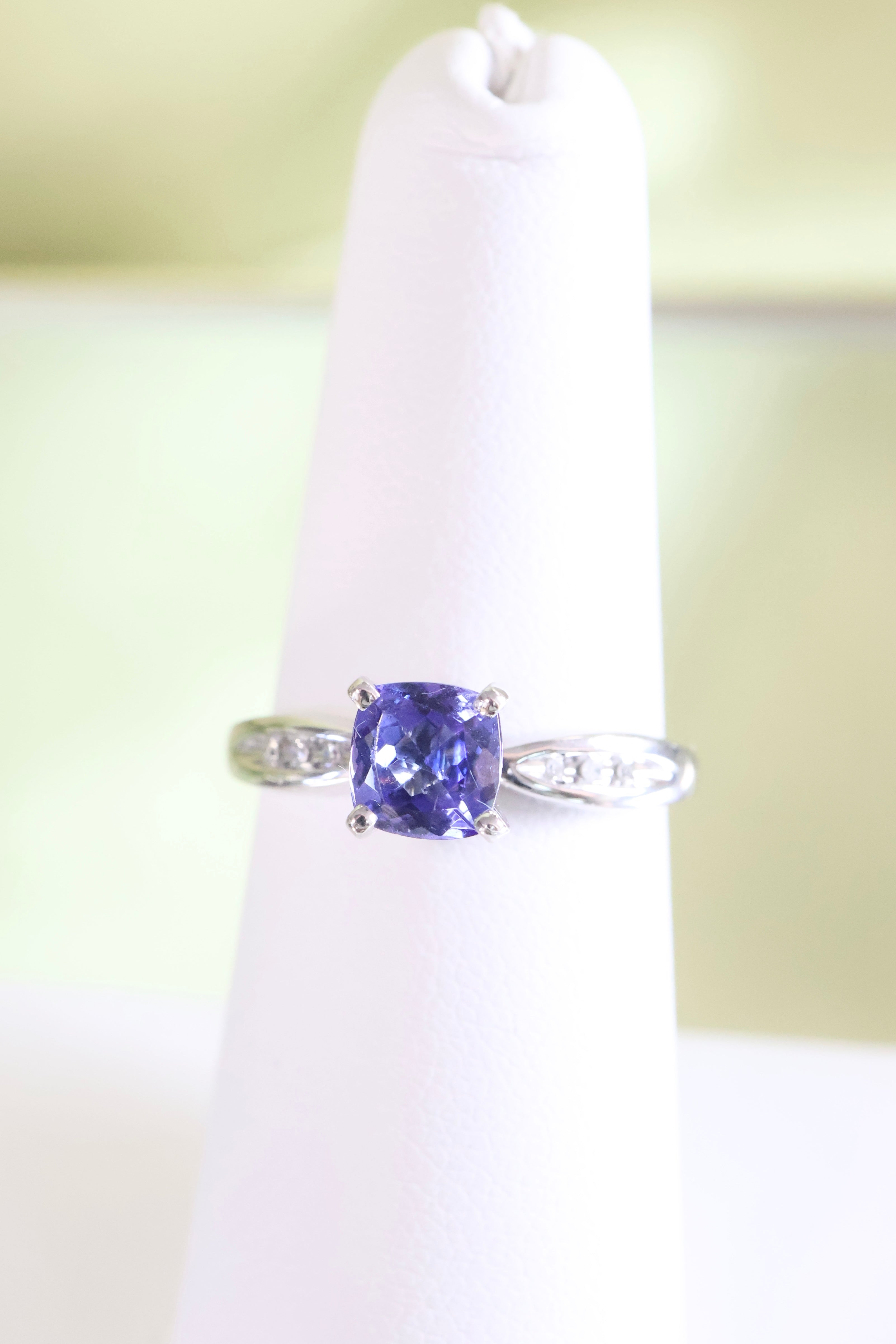 14K White Gold 3/4ct Cushion Cut Sapphire w/ .12ct Diamond Ring