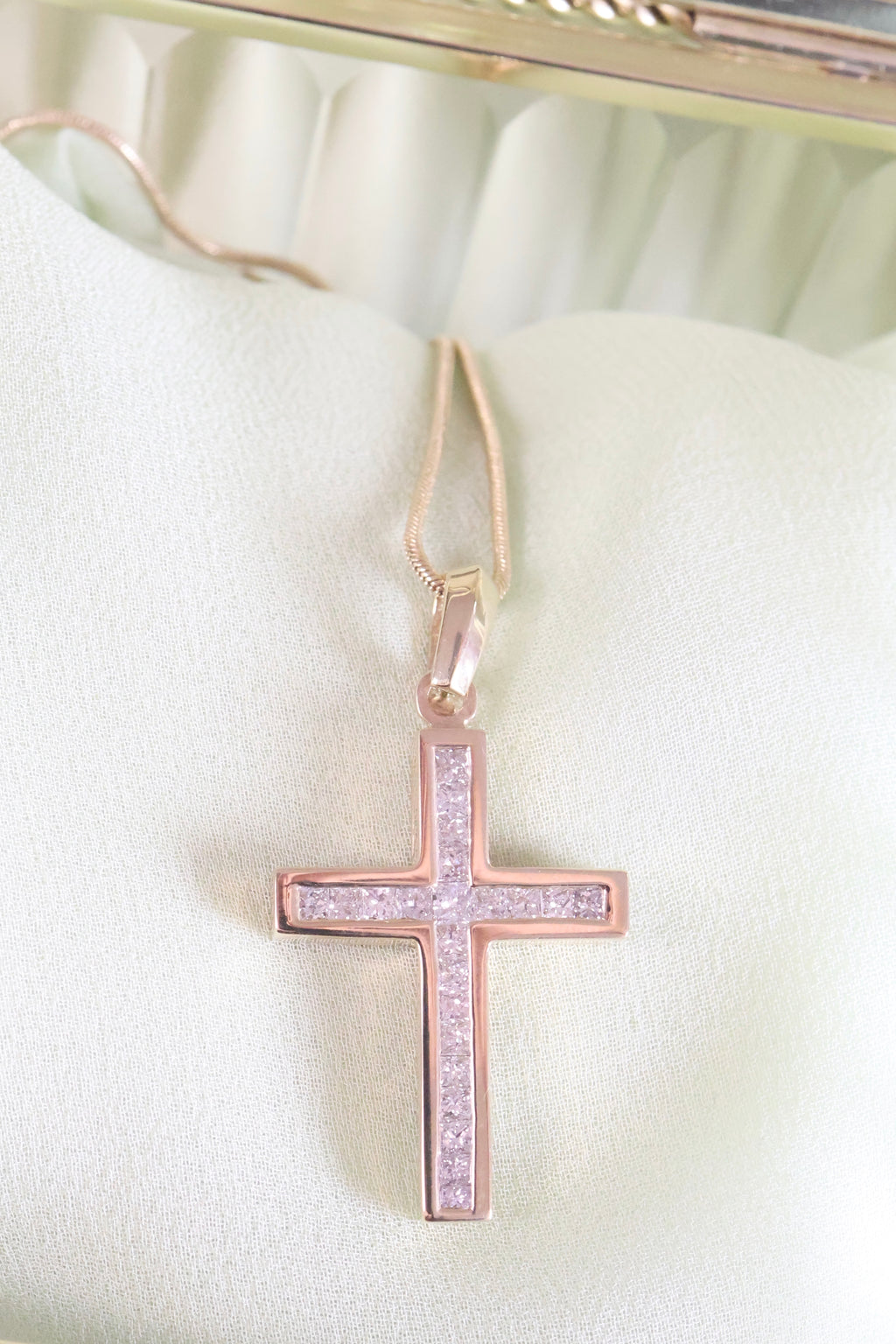 14K Yellow Gold Necklace Pendant Cross .80ct. t.w. Princess Diamonds