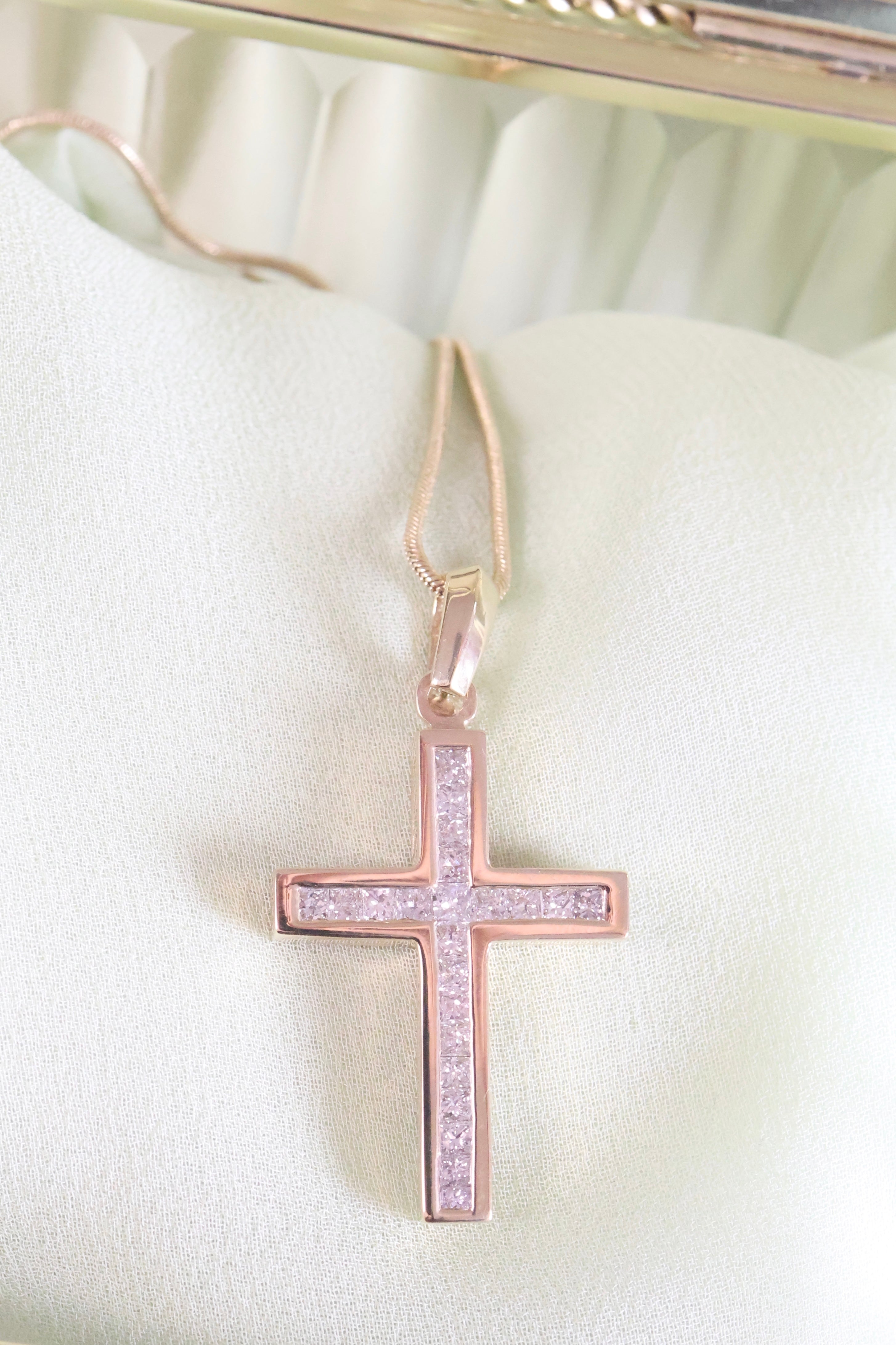 14K Yellow Gold Necklace Pendant Cross .80ct. t.w. Princess Diamonds