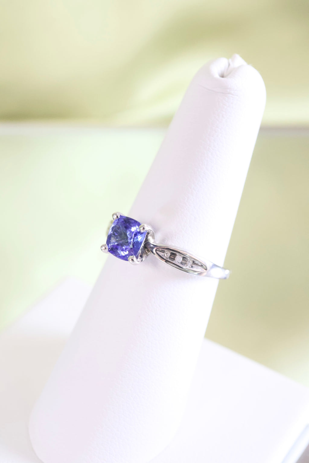 14K White Gold 3/4ct Cushion Cut Sapphire w/ .12ct Diamond Ring