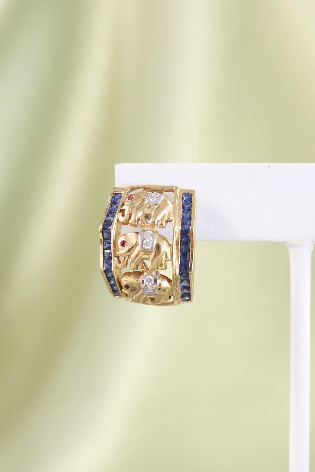 18K Yellow Gold Sapphire Diamond & Ruby Elephant Earrings