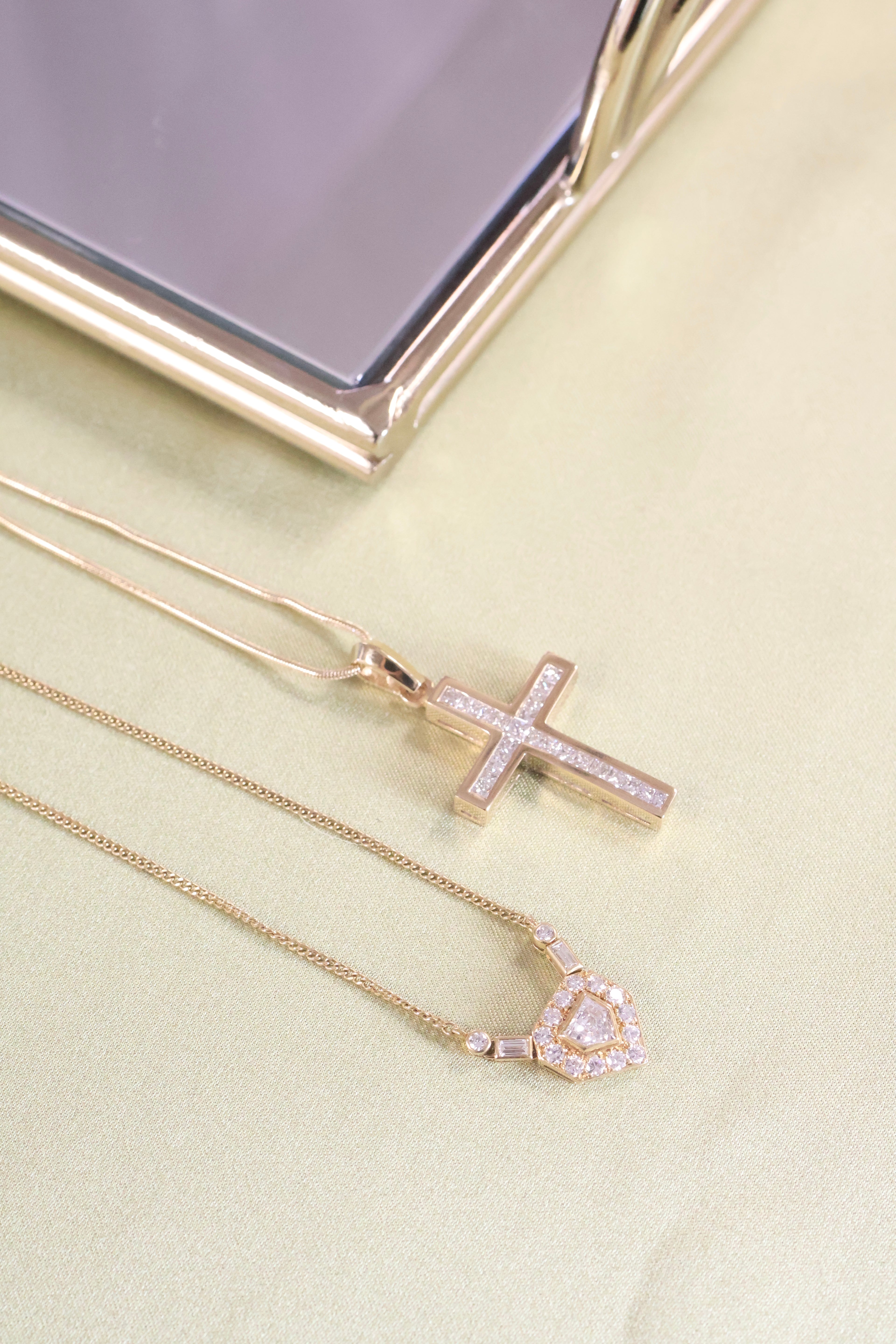 14K Yellow Gold Necklace Pendant Cross .80ct. t.w. Princess Diamonds