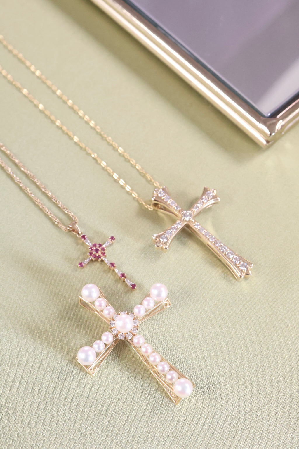 Yellow Gold Pearl Cross Necklace Pendant with Halo .20ct. t.w. Diamonds